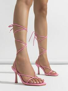 女士经典绑带高跟凉鞋，露趾交叉绑带性感派对沙滩鞋，方头罗马风粉色凉鞋 - 粉色 - 查看 3