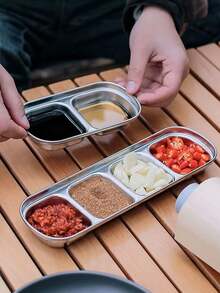 1pc Stainless Steel Hotpot Seasoning Dish, Barbecue Plate, 2/3 Compartment Sauce Dish, Korean Style Condiment Plate - Silver - View 4
