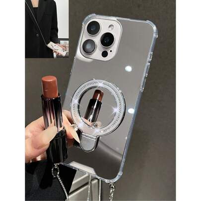 极简时尚ins风磁吸闪亮镜面手机壳带链条，国际版，非国内版