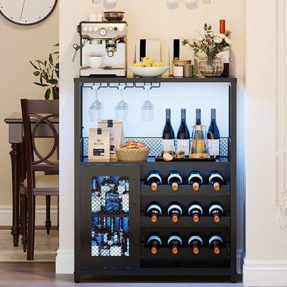 Mueble Bar de Vino 3 Niveles con Estante para Copas y Almacenamiento Multifuncional para Sala y Comedor