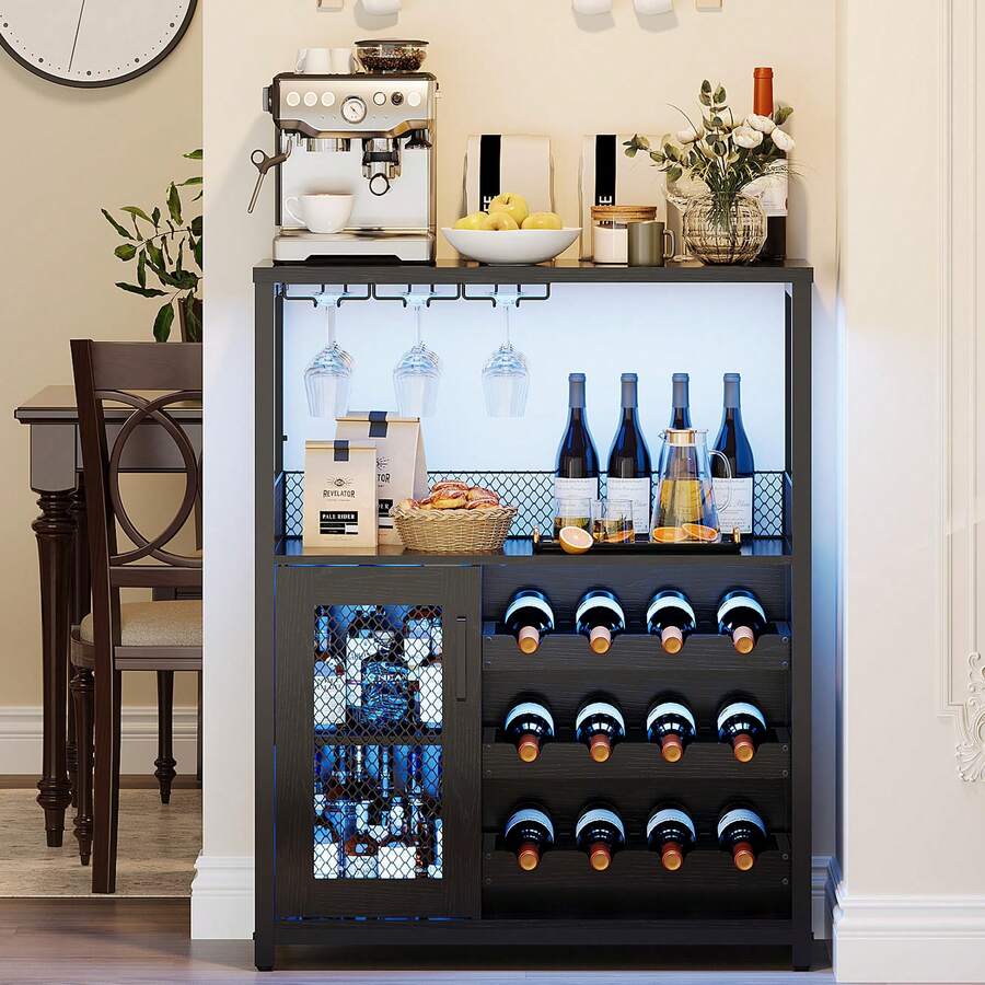 Mueble Bar de Vino 3 Niveles con Estante para Copas y Almacenamiento Multifuncional para Sala y Comedor - Negro con luces - Ver 1