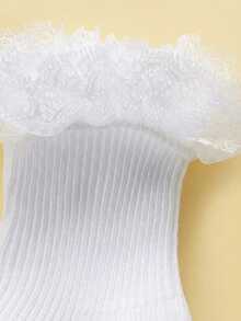 5 Pairs Baby Girls' White Elegant Lace Trim Socks, Loose Cuff, Comfortable & Breathable - White - View 5