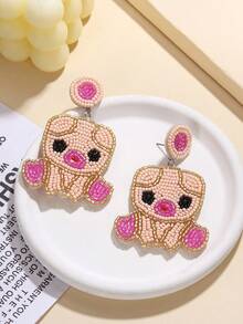 1 Pair Cute Piglet Rice Bead Pearl Earrings - Creative Handmade Design Piglet Shape Earrings, Exquisite Adorable Healing Women's Fashion Earrings - Multicolor - View 3