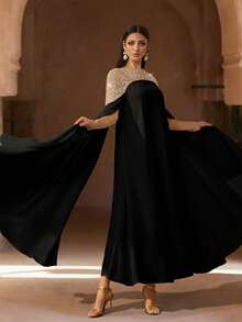 عباءة كفتان أنيقة بياضاء طويلة الأكمام، مزينة بخرز فاخر، عباءة طويلة فاخرة، كريمة ومناسبة، فستان نسائي بطراز عربي - الأسود - مشاهدة 1