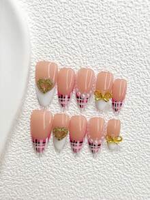 10pcs Luxury French Style Acrylic Nail Art Set, Includes Gold Hollow Heart, Bow Tie Nail Decor, White Faux Pearl Accents, Hand-Painted Striped & Checkered Patterns Nails Nail Supplies Handmade Press On Nails - 彩色 - 查看 13