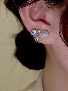 Nooxian 1对时尚简约高光泽仿珍珠耳环，小众优雅水钻双戴耳环，女士礼物 - 銀色 - 查看 7