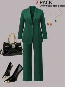 Plus Size Women's Casual 2-Piece Set, Elegant Plus Size Professional Suit With Button Detail, Regular Sleeve Blazer And Pants, Suitable For Business, Office, Exhibitions, Formal Meetings - Dark Green - View 5