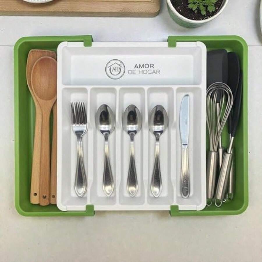 zxxAMOR DE OGAR Organizador de nsilios de Cocina Bandea Organizadora de Cubios y Accesos Expande y Austab de 6 a 8 Compartimentos Para Cucillos Palas de Cocina Cucnes Verdeorganizador de cocina - VerdeBlanco - Ver 1