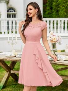 MIUSOL Elegant Solid Color Lace Patchwork Ruffle Hem Cocktail Party Dress Wedding Pink Spring - Pink - View 7