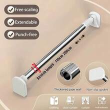 Barra de cortina de ducha y secado multifuncional telescópica ajustable de acero inoxidable sin perforaciones gruesas con antideslizante sin taladro J3BG - A4 - Ver 9