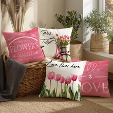 4 件套简约春日粉色郁金香自行车图案抱枕套，单面印花，柔软桃绒面料，尺寸 45*45/50*50/40*40 厘米，适用于室内装饰、派对、礼品 - 彩色 - 查看 9