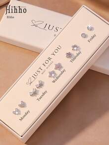 Hihho 10件套（优雅白色礼盒）闪亮立方氧化锆蝴蝶心形耳环，7天耳环套装，心形、星星、蝴蝶结银色耳钉，优雅女士的最佳礼物 - 金色 - 查看 2