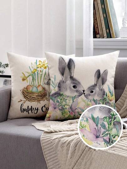 2pcs Easter Style Pillow Covers, Easter Eggs & Bunny Print Pattern, Vintage Linen Material Cushion Cases With Invisible Zipper, Machine Washable, Home Decorative Throw Pillow Covers For Sofa, Living Room, Bedroom, No Pillow Insert