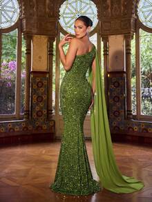 Faeriesty 女士优雅闪亮亮片单肩美人鱼晚礼服 - 适合奢华婚礼、盛大晚宴、颁奖典礼、正式晚宴和红毯活动 - 橄欖綠 - 查看 2