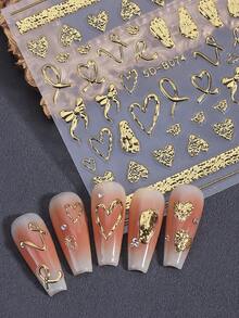 قطعتان ملصقات فن الأظافر مزخرفة بارزة 5D ذهبية بشكل شريط وعقدة قلب، ديكورات أظافر DIY لاصقة لعيد الحب والمناسبات، مستلزمات فن الأظافر للصالونات والاكسسوارات - الذهبي - مشاهدة 7