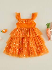 Toddler Girls Easter Tutu Dress Adorable Flying Sleeve Square Neck 3D Carrot Bunny Decorated Tulle Princess Dress - 橘色 - 查看 2