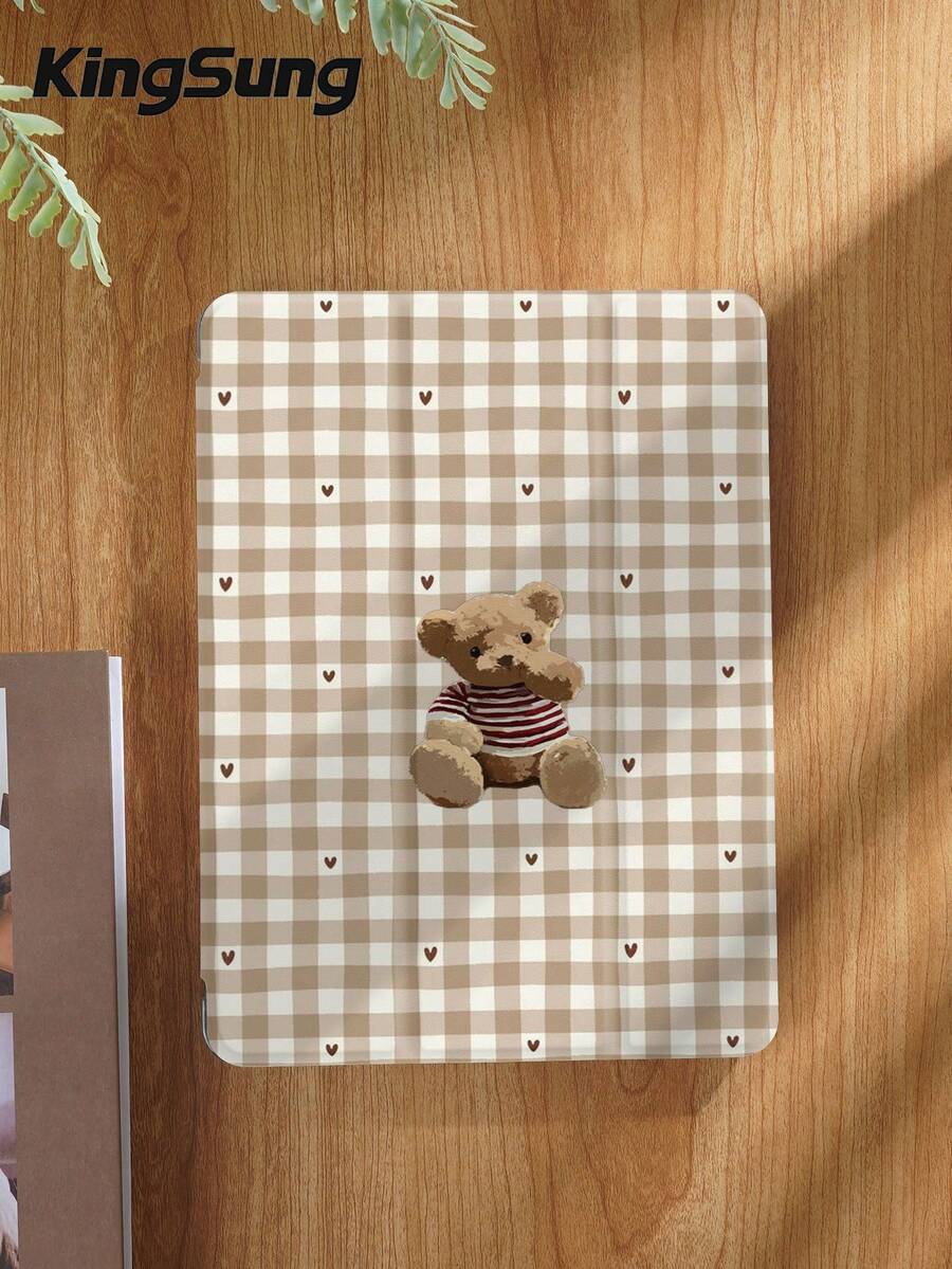 Retro Style, Bear, Two-Tone Check Pattern, Heart Tablet Case, Compatible With IPad 9.7/10.2/10.5/10.9/12.9/Pro 11, 10th Generation, Compatible With Samsung Galaxy Tab S6 Lite 10.4-Inch, Compatible With Kindle Paperwhite 12th Gen 2024, Kindle (11th Generation) 2022 Version, Kobo Clara Color, Soft And Drop Resistant, Smart Stand/Auto Wake/Sleep