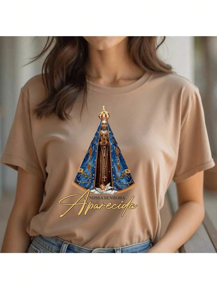 Women's T-Shirt With Our Lady Of Aparecida Design, Christian Style, Cotton. - Rỉ Nâu - Xem 1