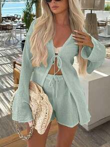Women Solid Color Front Tie Long Sleeve Top And Shorts Resort Set Spring - Mint Blue - View 13