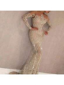 Vestidos Elegantes De Mujer Vestidos Dresses For Women Party Dresses For Women Elegant Formal Dresses For Women Dresses For Women Elegant Prom Dresses Formal Dresses For Women Formal Gowns For Women Evening Elegant This Mid-Waist Long Dress Exudes A Refined Commuting Style With Sequined Gold And A Slimming Golden Appearance - 米色 - 查看 2