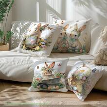 MEMNUN 4件套复活节花卉彩蛋篮小鸡兔子印花涤纶装饰枕套【不含枕芯】，尺寸：17.7*17.7英寸（45*45厘米）/19.69*19.69英寸（50*50厘米）/15.75*15.75英寸（40*40厘米），【单面印花】花卉蝴蝶彩蛋复活节春季主题抱枕套，房间装饰，家居装饰 - 彩色 - 查看 11