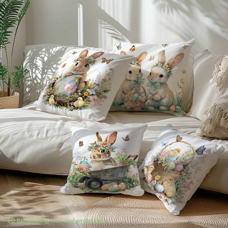 MEMNUN 4件套复活节花卉彩蛋篮小鸡兔子印花涤纶装饰枕套【不含枕芯】，尺寸：17.7*17.7英寸（45*45厘米）/19.69*19.69英寸（50*50厘米）/15.75*15.75英寸（40*40厘米），【单面印花】花卉蝴蝶彩蛋复活节春季主题抱枕套，房间装饰，家居装饰 - 彩色 - 查看 11