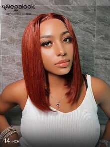 MEGALOOK 14英寸红棕色波波头假发，100%真人发，透明蕾丝，13x4蕾丝前额假发，#33色真人发直发波波头假发 - 自然逼真，适合日常佩戴，可打造办公室、僵尸新娘、万圣节、派对、Y2K风格、度假、户外角色扮演、校园、学校假期、圣诞节、派对、婚礼、节日等各种场合，适合女性佩戴。 - S33 - 查看 3