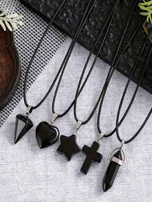 1/5 piezas Colgante de collar con forma de corazón de cristal de obsidiana negra, con encantos de piedras de cruz y cuarzo hexagonal, collar de cordón ajustable, regalo de moda unisex adecuado para festividades, para hacer joyería DIY - Negro - Ver 3