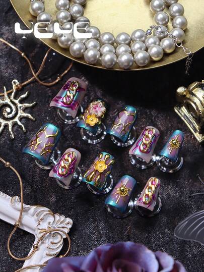 10pcs Duck Press On Nails Handmade,Atrovirens,Fuchsia,Beige,Charms 3d Three-Dimensional Decoration Element,Heart,Hold Flower,Chain,Sweet Heart,Beautiful Young Girl, Full Coverage Press On Nails Kit ,Nail Supplies Art Suit For Party,Daliy,Music Festival,Cosplay,Happy New Year,Nail Art For Girls And Women With 1pc Mini Nail File & 1 Sheet Adhesive Tabs