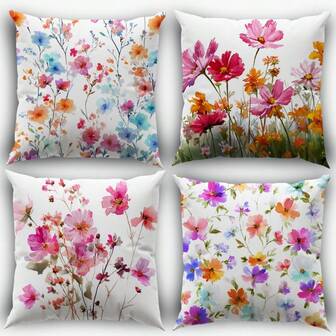 4pcs Floral Print Plush Velvet Throw Pillow Covers, 18" X 18", Colorful Botanical Flower Decorative Cushion Covers For Living Room Bedroom Sofa Outdoor, Pillow Inserts Not Included