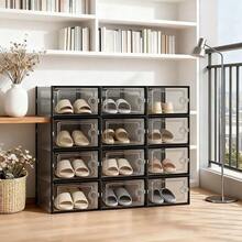 6/12/24-Pack Shoe Storage Boxes, Transparent Plastic Stackable Shoe Cabinet Organizer, Space-Saving Folding Athletic Shoe Container Rack - 黑色 - 查看 3