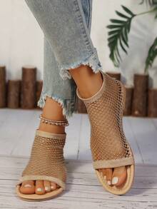 2025 Round Toe Flat Hollow Peep Toe Open Toe Rhinestone Sandals, Women Plus Size Casual Fishnet Breathable Slip-On Elastic Band Rhinestone Slouchy Shoes, In Stock - Gold - View 9