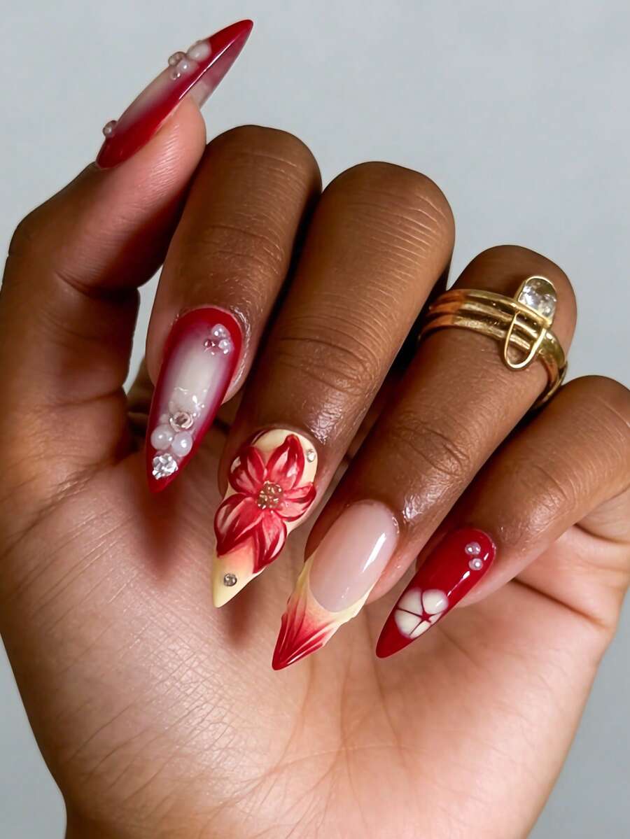 3D Red Flower Pearl Glitter Diamond Tie Dye French Manicure Nail Stickers, Suitable For Women & Girls Spring/Summer Party, Date, Daily, Office, Includes 1 Nail Sticker Sheet & 1 Mini Nail File, Random Delivery Nails - Multicolor - View 1