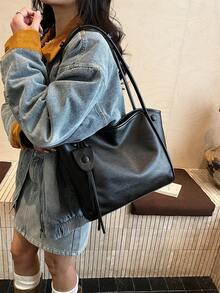 Fashionable Large Capacity Casual Minimalist Lightweight Versatile PU Leather Shoulder Crossbody Bag - Black - View 3