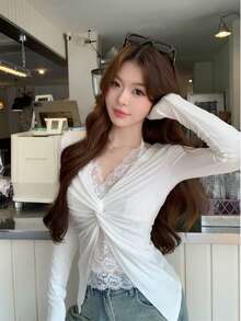 Capa base de manga larga con volantes de unicolor, nueva blusa de encaje estilo coreano 2 en 1 sexy para otoño y primavera blanca - Blanco - Ver 5