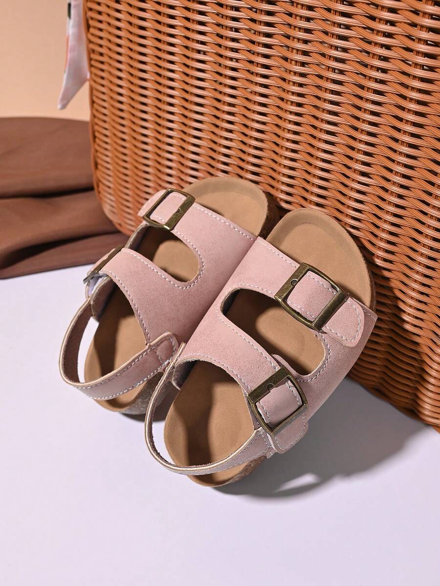 女童蕾丝花卉绒面革凉鞋 – 可调节踝带，闭趾设计，柔软鞋垫，优雅夏季幼儿派对鞋履 - 粉色 - 查看 1