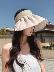 1顶女士宽檐遮阳帽，防紫外线，可折叠，夏季沙滩户外头带帽，可爱露顶设计，防晒，宽檐，透气，适合旅行和日常佩戴。2026新款黑米色防晒护目帽，头带设计，夏季休闲女士帽，可爱少女风宽檐遮阳帽 - 彩色 - 查看 7