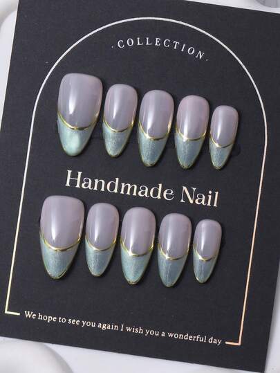 10pcs/Set Handmade Almond Shaped Nail Stickers In Y2K Green French Style & Hand Painted Gold Lines & Hand Painted Gradient Fine Glitter Print Design For Nail Decoration. 1 Piece Of Jelly Gel And 1 Piece Of Nail File. Perfect For Daily Life As Well As For Costumes For Coachella Music Festival Parties, Press On Nails And Nail Care Products. Nail Supplies