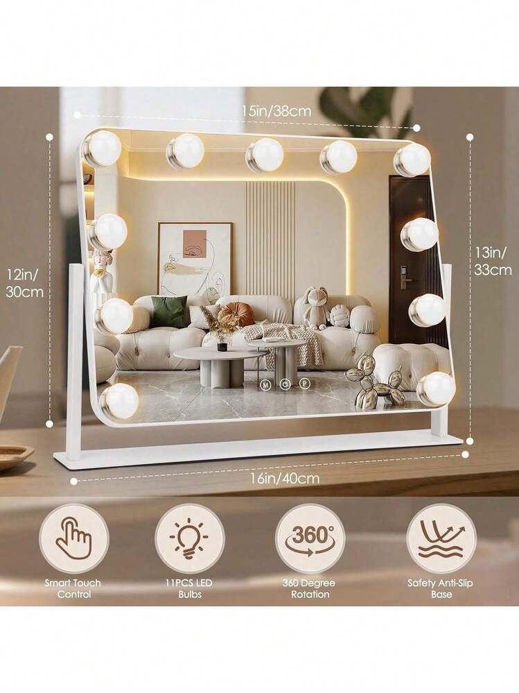 Lighted Vanity Mirror, Makeup Mirror,Lightde Mirror With 11 Adjustable Brightness LED Bulbs, 3 Color Modes And Detachable 5x Magnifying Mirror, Slim Metal Frame Design, Smart Touch Control - 白色 - 查看 8