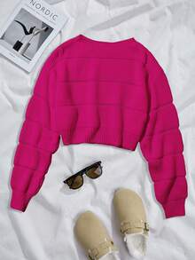 Suéter corto con hombros caídos de punto acanalado de color sólido para mujer, adecuado para viajar y tener citas. - Rosa Fucsia - Ver 2