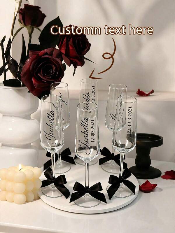 Personalized Champagne Flutes, Customized Bride & Bridesmaid Champagne Glasses - Reusable, Machine Washable, Customized Champagne Flutes With Bow/Bridal Party Champagne Glasses/Wedding Party Supplies/Champagne Flutes/Champagne Stemware/Bridesmaid/Bride/Maid Of Honor/Mother Of The Bride/Bachelorette Party/Birthday Party