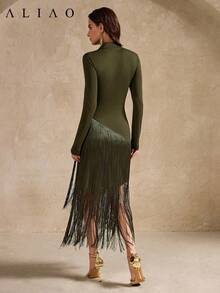 Đầm dài tay Aliao thanh lịch với tua rua, thích hợp cho kỳ nghỉ, du lịch, đi biển, dự tiệc, phong cách cổ điển mùa xuân. - Màu xanh Ô liu - Xem 6