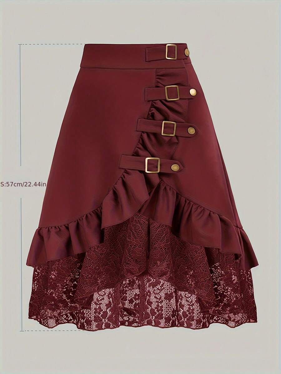 Women's Elegant Solid Color Lace Patchwork Ruffle/Frill Hem Casual High-End Minimalist Gothic Style A-Line Skirt Spring - Red - View 1
