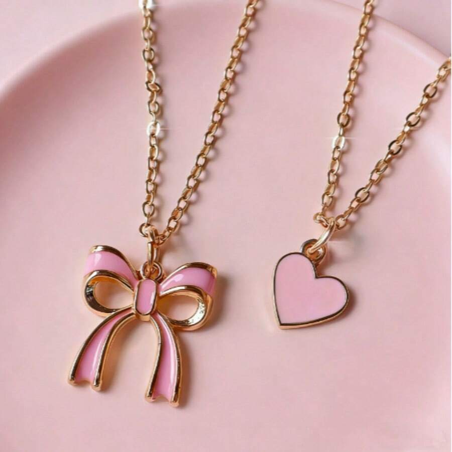 1件双层可爱甜美蝴蝶结爱心项链，粉色珐琅爱心吊坠锁骨链，适合日常佩戴，情人节礼物 - 粉色 - 查看 1