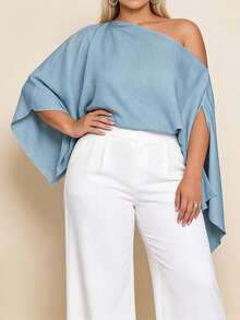 Women's Plus Size Flowy Tops Solid Color Batwing Sleeve Off One Shoulder Loose Fit Blouse Casual Beach - Teal Blue - View 5