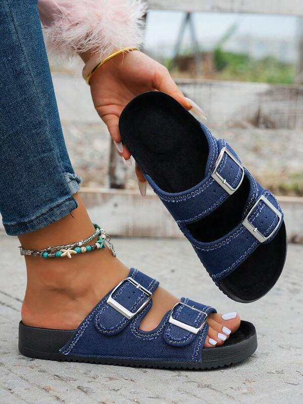 Women's Fashionable Casual Versatile Soft & Comfortable Adjustable Double Buckle Slip-On Flat Sandals, Suitable For Outdoor, Vacation, Casual Wear, Elegant And Stylish For Home, Office, Spring/Summer