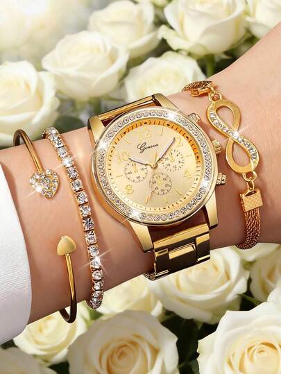4pcs Gorgeous And Elegant Women's Quartz Watch Set With Gold Accessories (Including A Quartz Watch With A Gold Metal Band And Arabic Numeral Dial With Simple Markers, A Fully Rhinestone-Studded Delicate Bracelet, A Heart-Shaped Open Bangle, And An Infinity Symbol Rhinestone Bracelet).