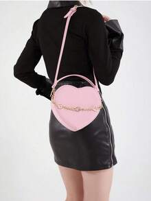 心形甜美手提包，饰有心形链条，哑光质感，女士单肩包，优雅情人节、新年搭配斜挎包 - 粉色 - 查看 3