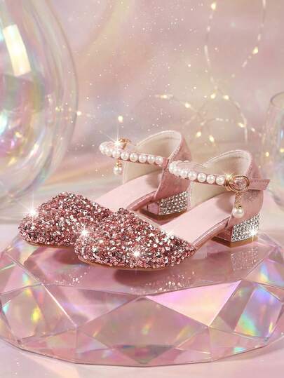 1 Paar 2026 Neuer Stil Mädchen High Heel Pumps, rosa Mode Prinzessin High Heels mit Perlenkette und Glitzer Strass Dekor, Kinder Plateau Absätze geeignet für Bankette, Partys, Familienfeiern, Tanzaufführungen, Outdoor Outfit