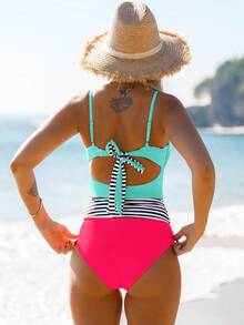 popvil Women Beach Striped Colorblock Tankini Set Reversible Tank Top Beach Swimwear For Summer Vacation Holiday - Multicolor - View 3